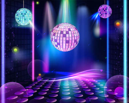 Light music in purple neon. Energy party in night club. Vector blue and purple abstract background with disco ball, light and neon linesのイラスト素材
