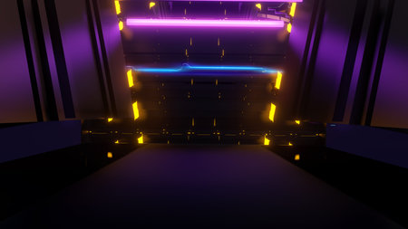 3d virtual tunnel with technology cyber punk purple night and pink dark background. 3d rendering