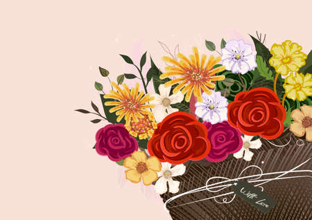 Multi-colored arrangement of flowers on a white background to decorate holiday cards for wedding, birthday,のイラスト素材