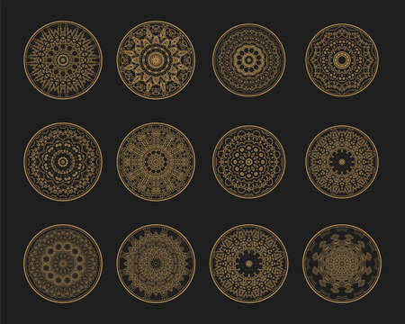 Collection of round fractal patterns with weave. Decorative ornament in ethnic oriental style. Round pattern in form of mandala for Henna, Mehndi, tattoo, decoration. Vectorの写真素材