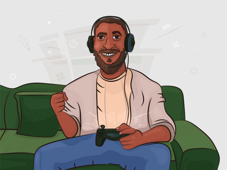 Gamer plays video games on the sofa. An African American plays on a console and a gamepad in his...