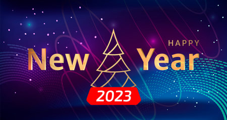 Happy new year 2023 vector banner. New year holiday cover with lettering. Abstract dark background....