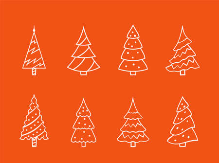 Collection of Christmas trees with outline. Vector set of flat Christmas trees for the holiday. Christmas trees for print and web design isolated on redのイラスト素材