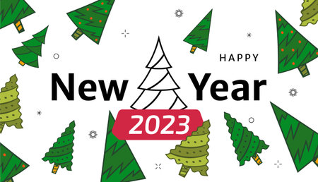New Years card with green Christmas trees and a greeting on a white background. Happy New Year...