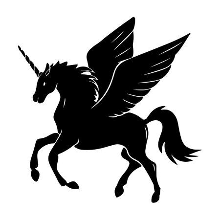 Pegasus Unicorn black silhouette isolated on white background. Vector illustration.のイラスト素材
