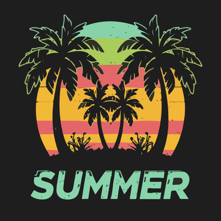 Summer poster with palm trees. Vector illustration on a black background.のイラスト素材
