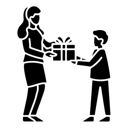 Mother and son with gift box icon. Simple illustration of mother and son with gift box vector icon for web design isolated on white backgroundのイラスト素材