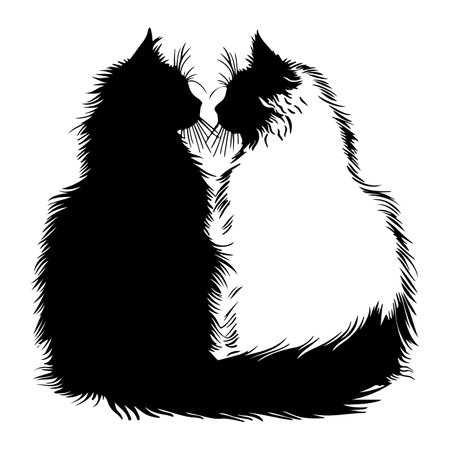 Two cats in love, black silhouette on a white background, vector illustrationのイラスト素材