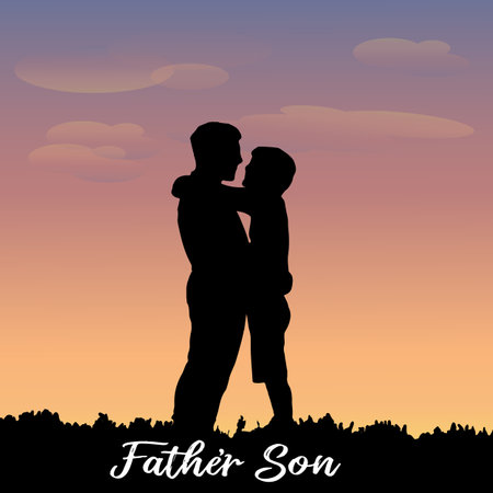 silhouette of a father and son on sunset background, vector illustrationのイラスト素材