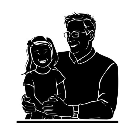 Grandfather and granddaughter using a laptop computer. Black and white vector illustration.のイラスト素材