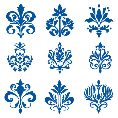Vector set of damask elements for design. Blue and white colors.のイラスト素材