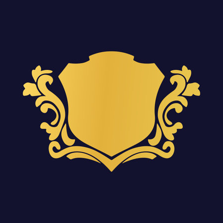 Golden shield with floral ornament on dark blue background. Vector illustration.のイラスト素材