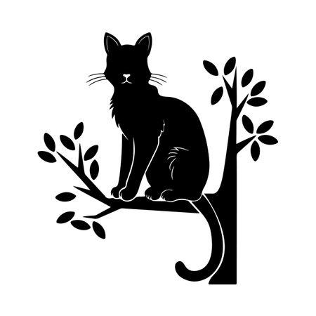 cat sitting on a tree icon over white background. black and white design. vector illustrationのイラスト素材