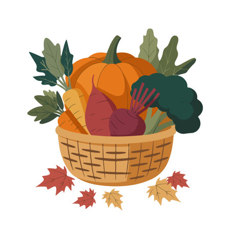 Basket with vegetables and leaves. Vector illustration in flat style.のイラスト素材