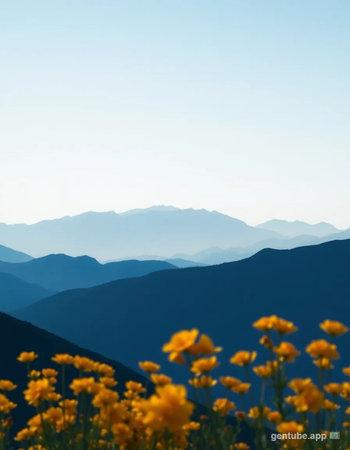 Sunset in the mountains with yellow flowers and blue sky background.の素材