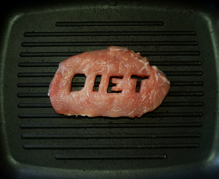 Fresh meat with a word diet in a pan. Protein diet.の写真素材
