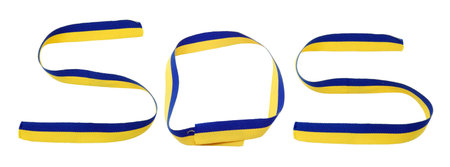 Word SOS from ribbon with ukrainian flag.