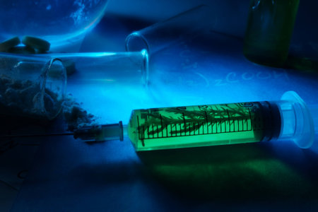 Syringe with herbs,Test tubes and pills.の写真素材