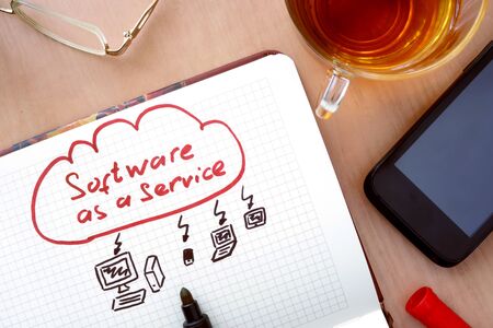 Notepad with words SaaS software as a service concept and marker.の写真素材