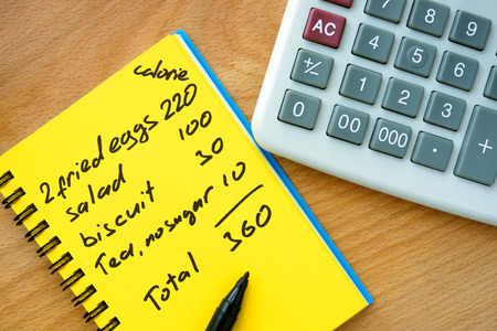 calorie counting on a paper with calculator. Diet concept.の写真素材