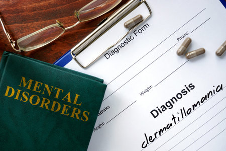 Dermatillomania  concept. Diagnostic form and book on a table.