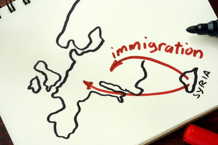 Syrian crisis emigrants. Hand-drawn way of the Syrian Migrants Refugees to Europeの写真素材