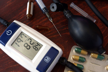 Hypertension concept. Blood pressure meter showing a high level of blood pressure