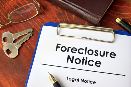 Paper with words Foreclosure Notice on a wooden surface.