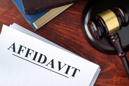 Affidavit form, documents and gavel on a table.