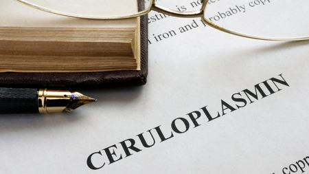 Document with title ceruloplasmin on a table.の写真素材