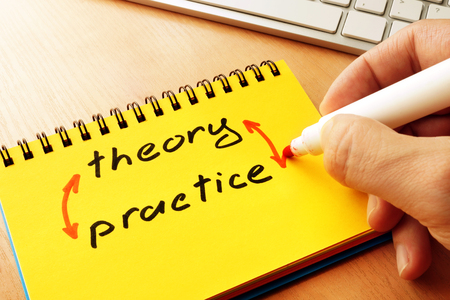 Words theory and practice connected by arrows.の写真素材