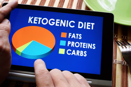 Man holding tablet with meal plan of Keto or Ketogenic diet.の写真素材