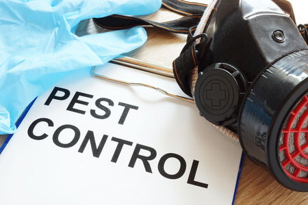 Pest control. Clipboard, respirator and gloves.の写真素材