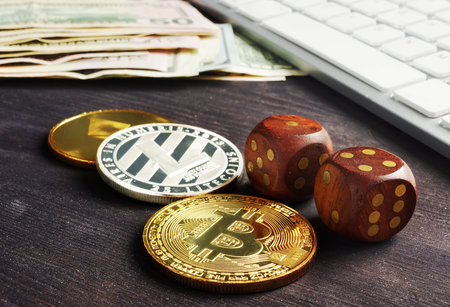 Cryptocurrency trading. Crypto coins and dices. Bitcoin and ethereum.の写真素材