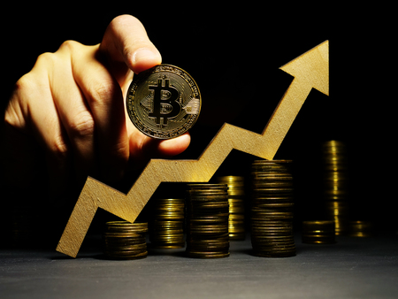 Growth up of Bitcoin btc price. Arrow and coin. Crypto trading.