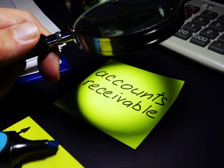 Accounts receivable. Accountant looks through magnifying glass on a paper.
