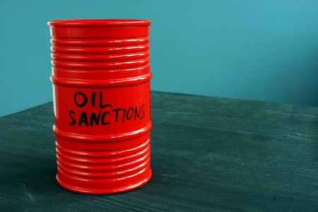 Barrel of oil with words sanctions.の写真素材