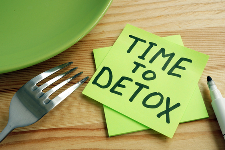 Time to detox concept. Fork and green plate on table.の写真素材