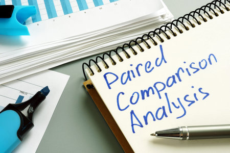 Paired comparison analysis report with stack of papers.