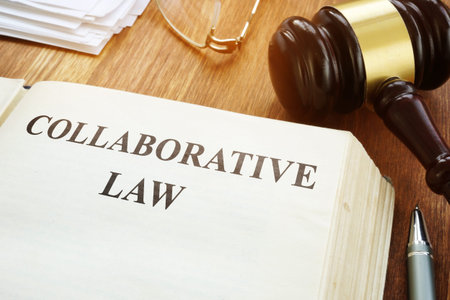Collaborative law book, gavel and papers.