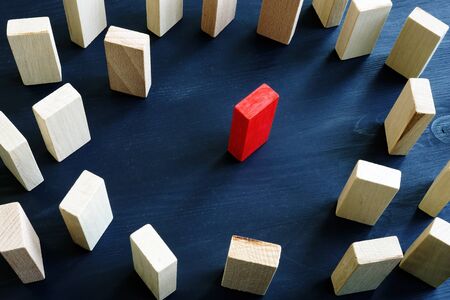 Inclusion, diversity and discrimination concept. Red block in the circle from wooden ones.の写真素材