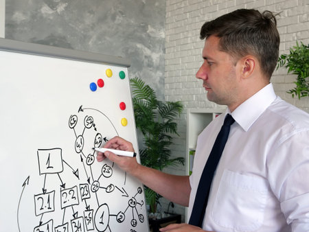 Businessman shows company structure and business connection.