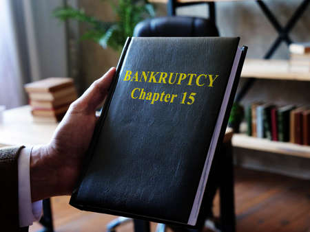 A lawyer shows a book on bankruptcy chapter 15.の写真素材