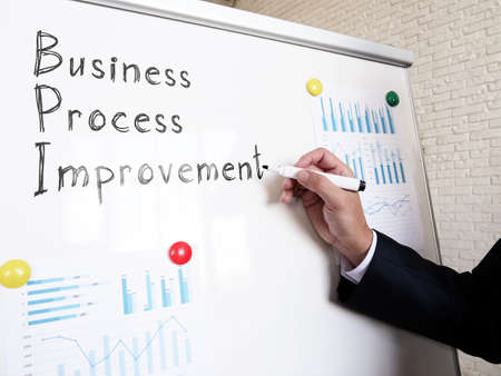 Business Process Improvement BPI manager writes on a whiteboard.の写真素材