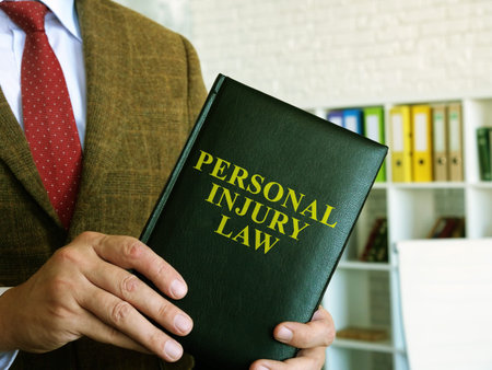 Personal injury law. A lawyer in a suit holds a book.