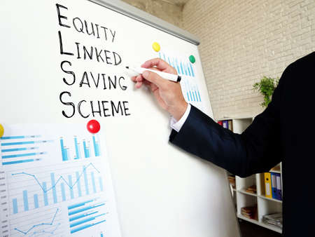 Businessman shows ELSS Funds Equity Linked Saving Scheme.の写真素材