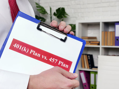 Manager shows papers 401k plan vs 457 plan comparison concept.