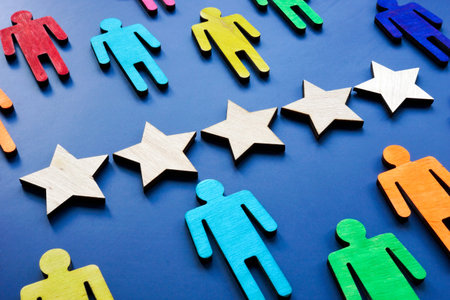 Customer satisfaction with 5 stars concept. Colorful figures as consumers.