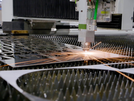 Industrial laser cutting of metal. Automatic machine in the factory.