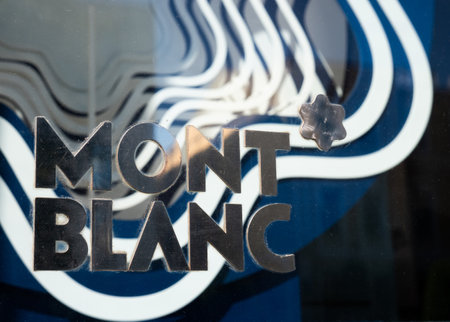 KYIV, UKRAINE - July 07, 2021. The Montblanc logo on the shop window.のeditorial素材